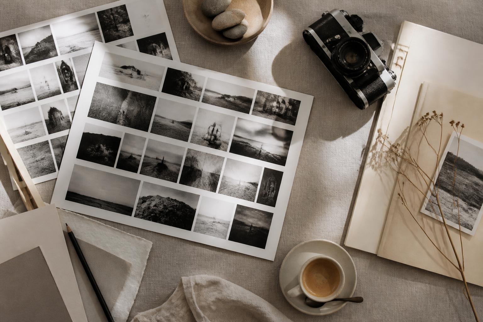 Printed contact sheets, a film camera and coffee on a linen studio table